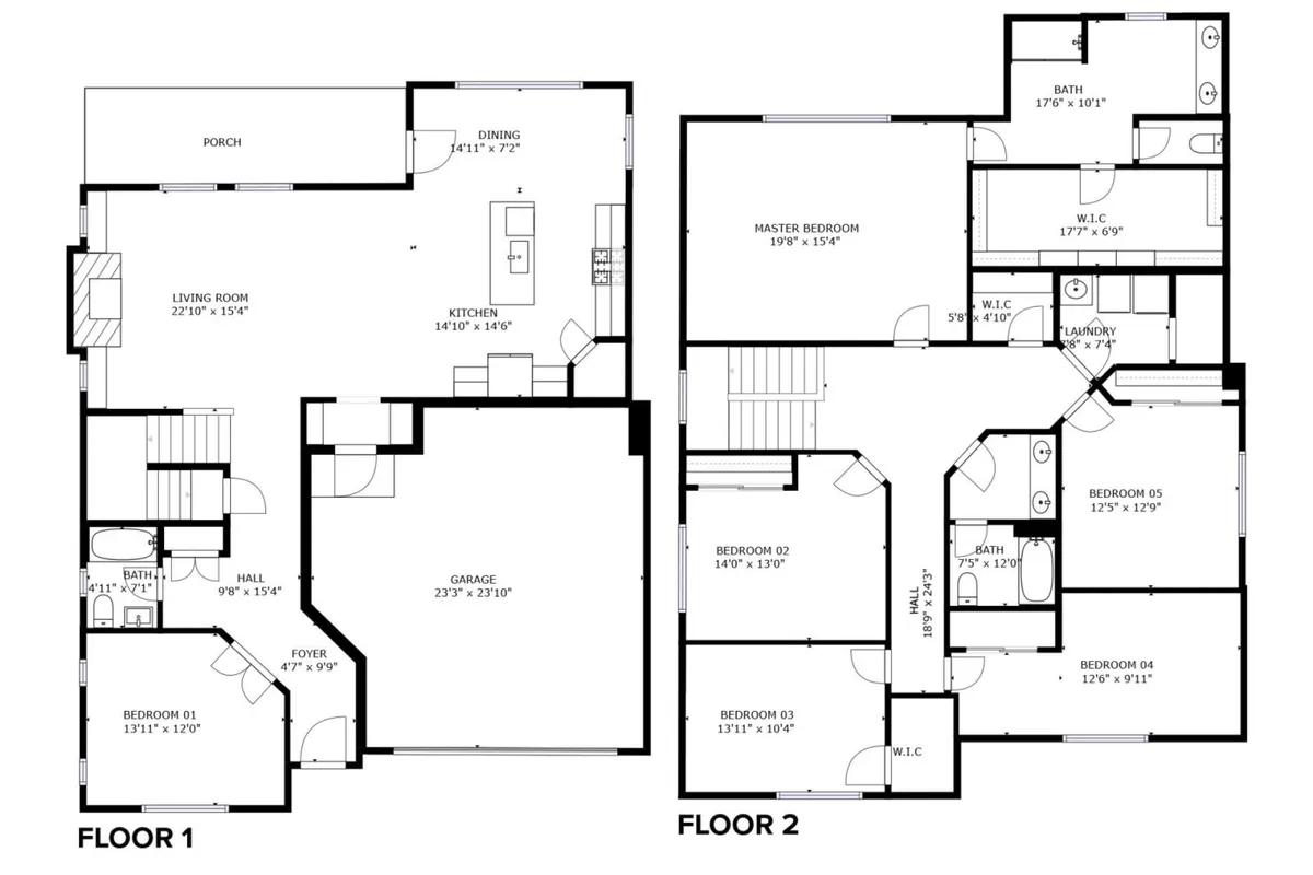 A wide-angle view capturing the interconnectedness of the kitchen, living room, master bedroom, and dining area, illustrating the open concept design. The arrangement allows for easy movement and socializing, with spaces flowing naturally into one another.