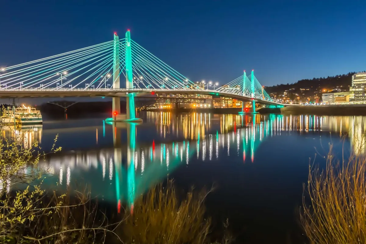 A tranquil exterior scene featuring a beautifully lit bridge with its reflection shimmering in the water, and city lights sparkling in the background. The image captures the allure of an evening stroll, connecting the home’s location to nearby parks and walkable community features.